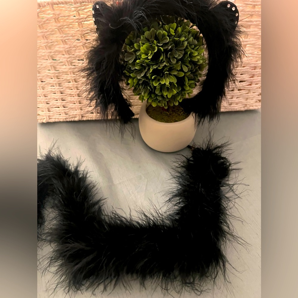 Vintage Adult Kitty Ears and Tail, Panther, Black Kitty, Panther Cosplay Costume
